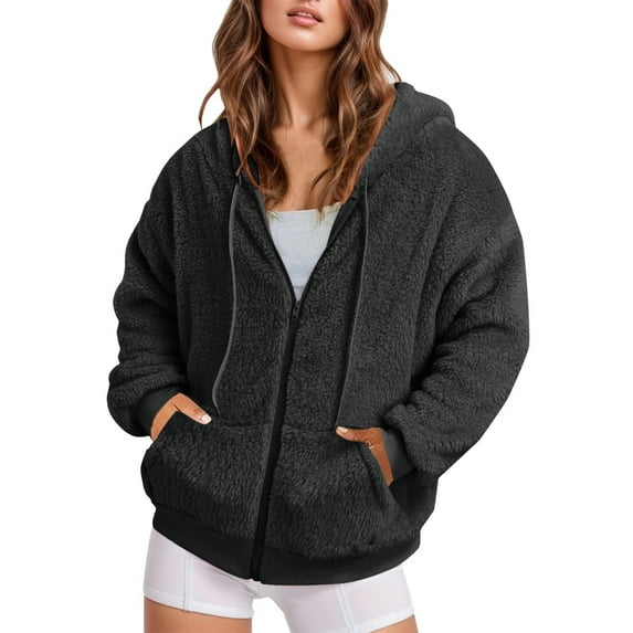 Savings Clearance 2024! Funicet Women Fall Winter Warm Plush Hooded Coat Solid Color Long Sleeve Zip Up Thick Cardigan Jacket