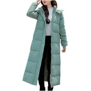 Savings Clearance 2024! Funicet Women Long Quilted Coat Hooded Maxi Length Long Sleeve Puffer Jacket Padded Coat Winter Outerwear Green XL