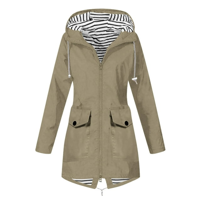 Savings Clearance 2024! Funicet Women Rain Jacket Women Solid Color Rain Jacket Outdoor Hooded Windproof Loose with Pocket Coat Beige 2XL