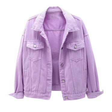 Savings Clearance 2024! Funicet Women's Casual Denim Jacket Solid Color Basic Long Sleeve Jean Jacket Coat Purple S