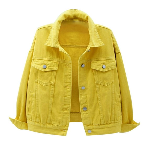 Savings Clearance 2024! Funicet Women's Casual Denim Jacket Solid Color Basic Long Sleeve Jean Jacket Coat Yellow 2XL