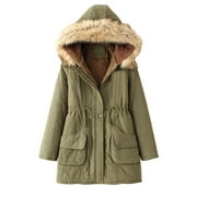 Savings Clearance 2024! Funicet Women's Winter Thicken Puffer Coat Warm Jacket with Faux Fur Removable Hood Army Green S