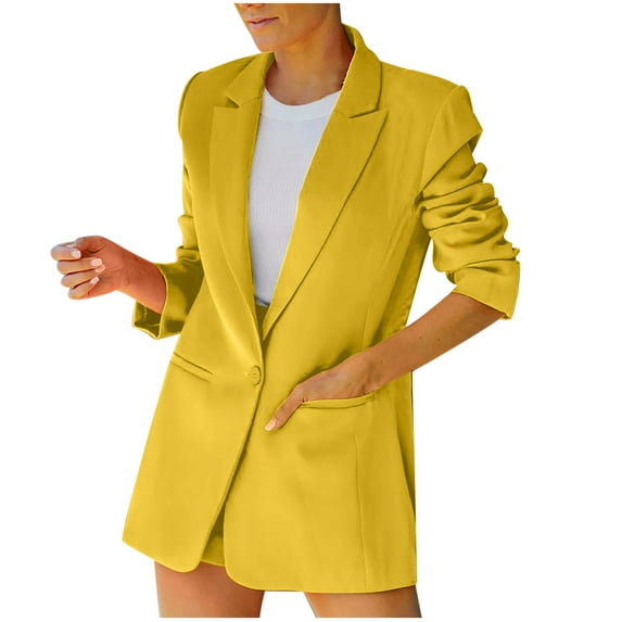 Savings Clearance 2024! Funicet Womens Casual Blazer Jacket Pockets Long Sleeve Open Front Work Office Blazer Lapel Button Jacket Yellow 3XL