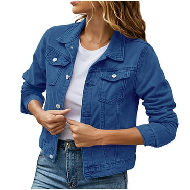 Savings Clearance 2024! Funicet Womens Denim Jacket Distressed Frayed Ripped Jean Jacket Casual Button Down Light Jackets Blue XL