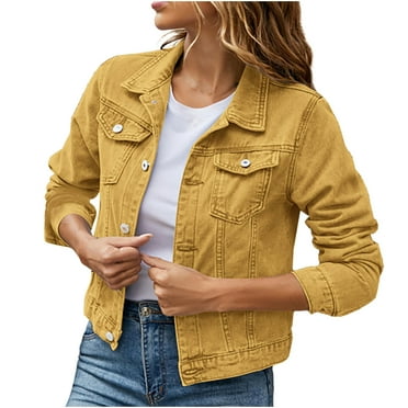 Savings Clearance 2024! Funicet Womens Denim Jacket Distressed Frayed Ripped Jean Jacket Casual Button Down Light Jackets Yellow XL