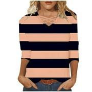 Savings Clearance 2024!RbCulf Tops for Women's V Neck Criss Cross Blouse 3/4 Sleeve Loose Casual Shirts Plus Size Striped Summer Basic Tees Casual Clothes