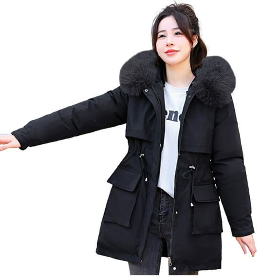 Savings Clearance 2024! TAGOLD Womens Coats,Womens Winter Jacket Warm Overcoat Slim Fur-Collar Zipper Thicker Coat Outwear