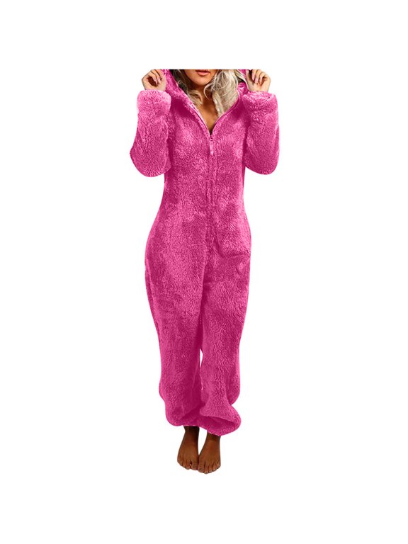 Womens Pants,Women Long Sleeve Hooded Jumpsuit Pajamas Casual Winter Warm Rompe Sleepwear Hot Pink XXXL