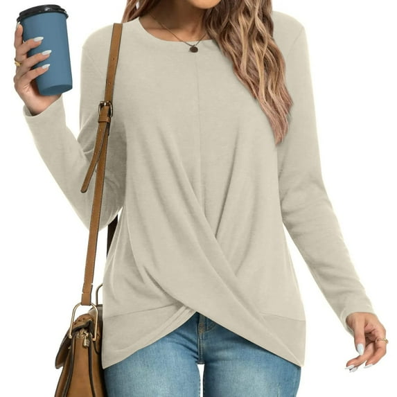 Savings Clearance 2024! TAGOLD Womens Tops,Women's Fall Winter Casual T-Shirts Long Sleeve Tunic Tops Front Crewneck Blouse Pullover Beige XXL