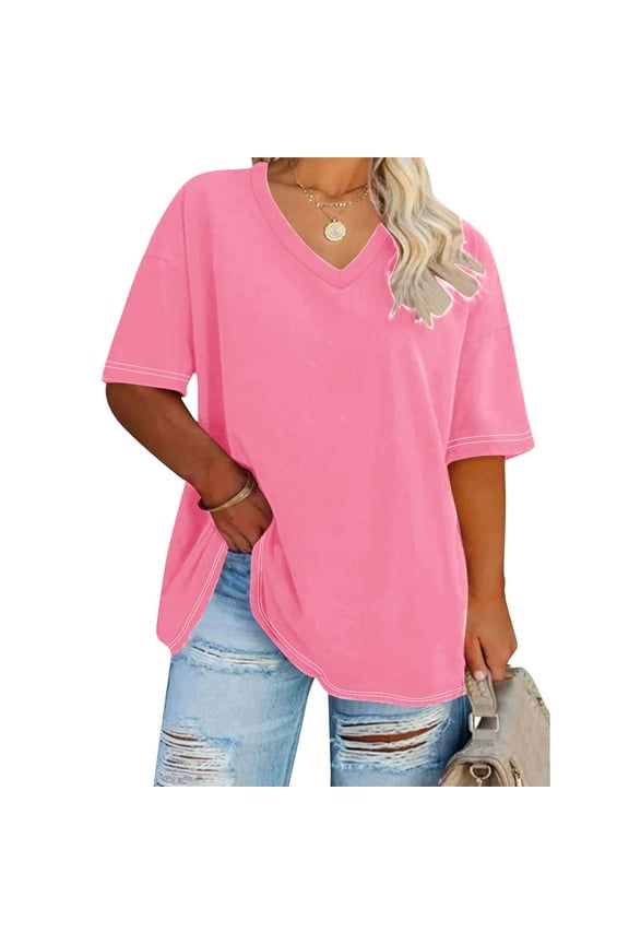 Plus Size Tops Short Sleeve V-Neck Ladies Tshirts Oversized Solid Tops Clothes under $5.00