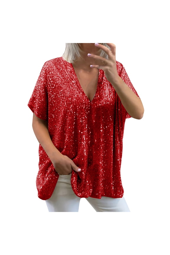 Womens Plus Size Casual Tops, Womens Summer Short Sleeve Tops,Women Sexy Short Sleeve Sequins Loose Polluer Solid V-Neck Blouse Shirt Tops