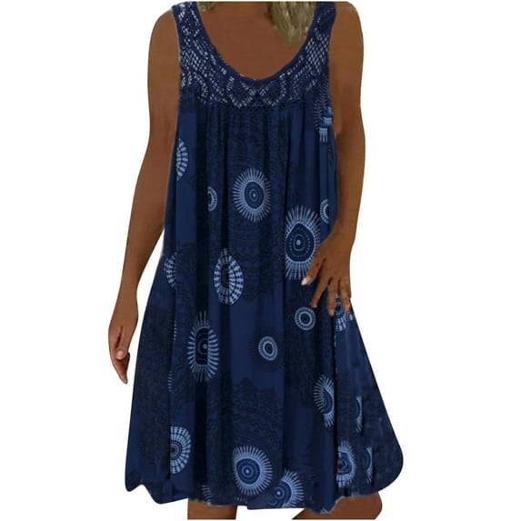 Summer Svings Clearance 2024! TAGOLD Womens Summer Dresses,Fashion Women Summer Casual Round-Neck Not Positioned Floral Print Sleeveless Dress