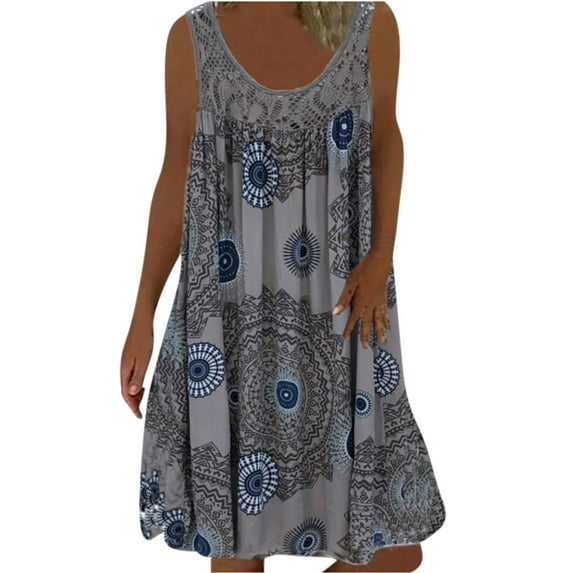 Summer Svings Clearance 2024! TAGOLD Womens Summer Dresses,Fashion Women Summer Casual Round-Neck Not Positioned Floral Print Sleeveless Dress