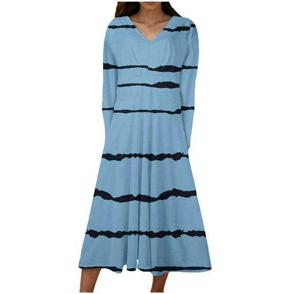 Savings Clearance 2025! TAGOLD Womens Summer Dress,Plus Size Casual Dress for Womens,Women's Long Sleeved V-neck Fashion Print High Waist Mid-Calf V-neck Dress Blue L
