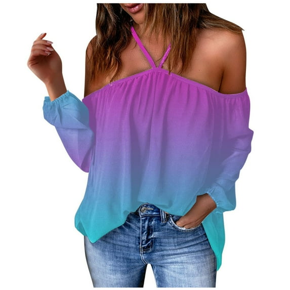 Savings Clearance 2025! asdoklhq Juniors Plus Tops & T-Shirts,Women Flowers Printing V-Neck Long Sleeve Halter Off Shoulder T-Shirt Casual Tops Blouse