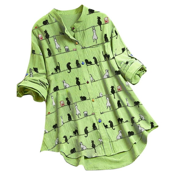 Savings 2026! asdoklhq Long Sleeve T Shirts for Women,Women Casual Cat Print Long Sleeve O-Neck Button Loose Shirt Top Blouse
