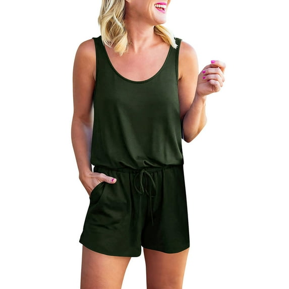 Savings Clearance 2025! asdoklhq Womens Jumpsuits and Rompers,Scoop Neck Sleeveless Casual Short Jumpsuit Rompers With Pockets