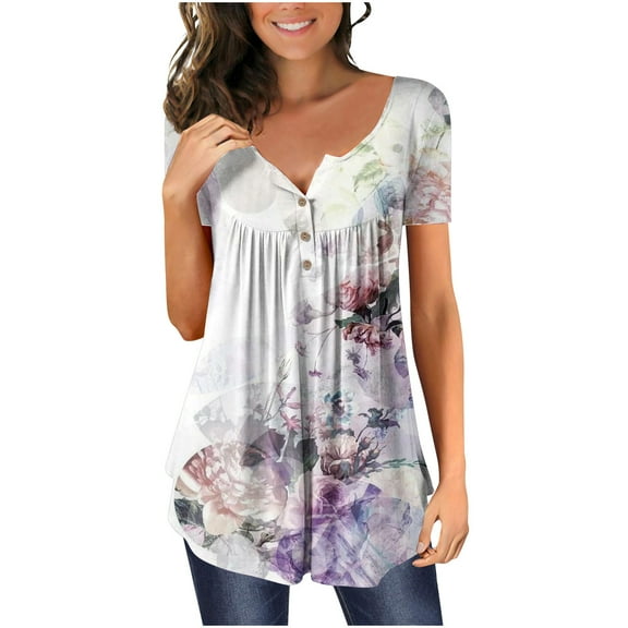Fatuov Womens Plus Size Tops Summer Short Sleeve Floral Graphic T-Shirts Dressy Casual Pleated Button V-Neck Blouses Purple