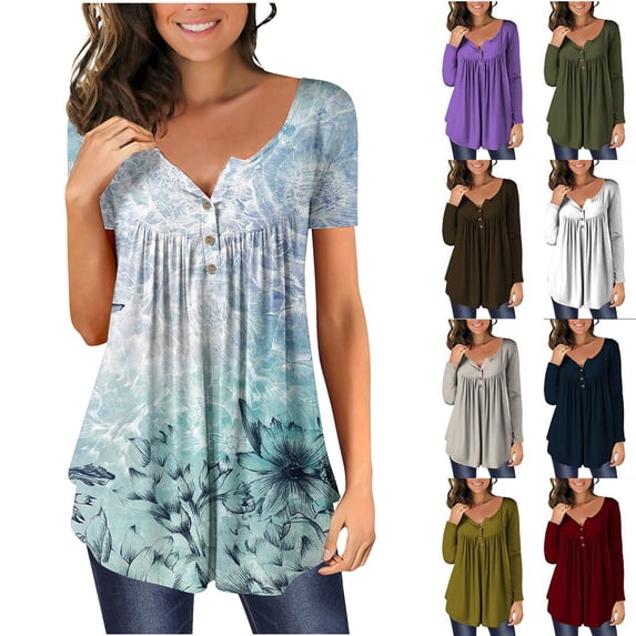 Fatuov Womens Plus Size Tops Summer Short Sleeve Floral Graphic T-Shirts Dressy Casual Pleated Button V-Neck Blouses Blue
