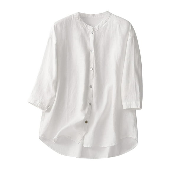 Cotton Linen Button Down Shirts for Women Mandarin Collar 3/4 Length Sleeve Tops Dressy Casual Loose Fit Plain Blouse
