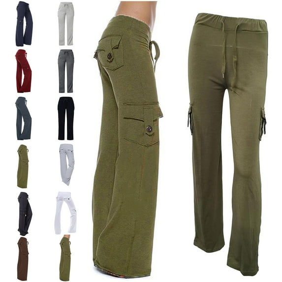 Fatuov Wide Leg Cargo Pants for Women Summer Fashion High Waist Yoga Leggings with Pockets Y2k Drawstring Plus Size Pants Green