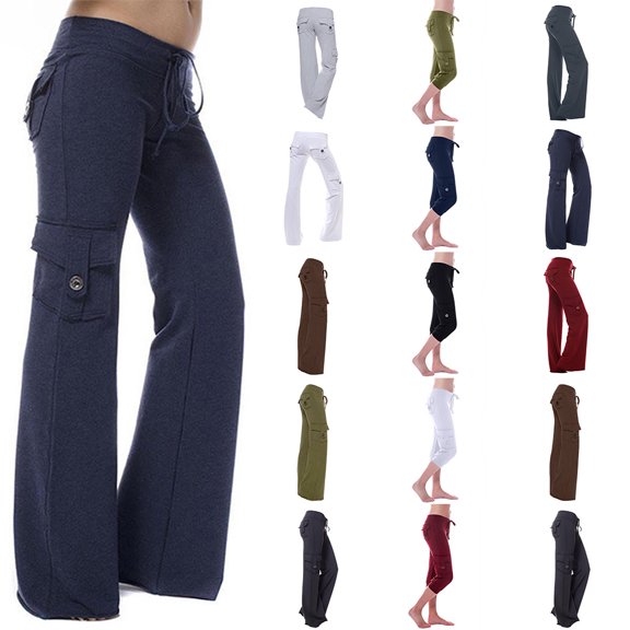 Fatuov Wide Leg Cargo Pants for Women Summer Fashion High Waist Yoga Leggings with Pockets Y2k Drawstring Plus Size Pants Navy
