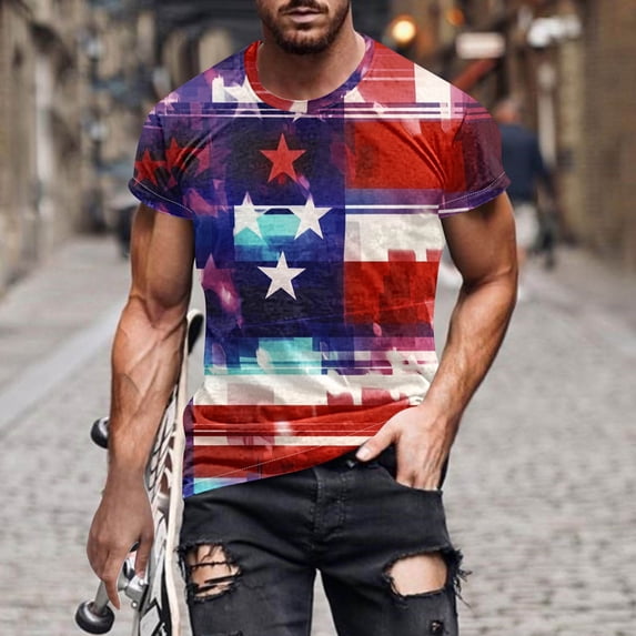 Savings Clearance!GaThRRgYP Mens tshirts Graphics $8,Men's Independence Day Printed Round Neck Short Sleeved Top/Shirt Multicolor XXL
