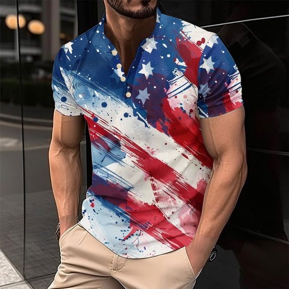 Savings Clearance!GaThRRgYP Mens tshirts Graphics $8,Men's Printing Button Casual Short Sleeve Round-Neck Blouses Shirts Multicolor XXXL