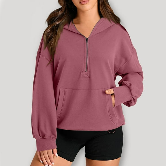 Oversized 1/4 Zip Sweatshirts for Women Casual Long Sleeve Pullover Hoodies Pocket Hooded Top Fall Winter Clothes