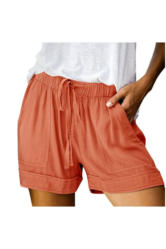 Plus Size Shorts for Women, Women Comfy Drawstring Casual Elastic Waist Shorts Summer Beach Lightweight Short Pants Cotton Shorts with Pockets 2025 Orange XXL