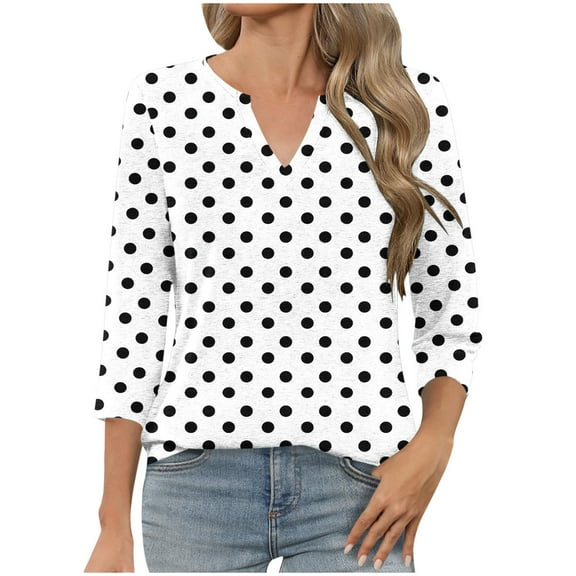 Polka Dot Tops for Women V Neck 3/4 Sleeve Tunic Blouses Dressy Casual Three Quarter Length Sleeve Graphic Tee Shirts