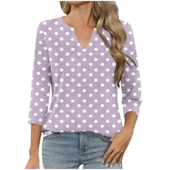 Polka Dot Tops for Women V Neck 3/4 Sleeve Tunic Blouses Dressy Casual Three Quarter Length Sleeve Graphic Tee Shirts
