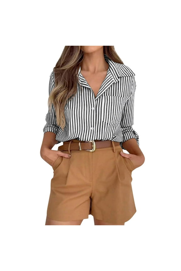 Womens Plus Size T-Shirt,Striped Button Down Shirts For Women Dress Shirts Long Sleeve Casual Collared Office Work Shirt With Pocket