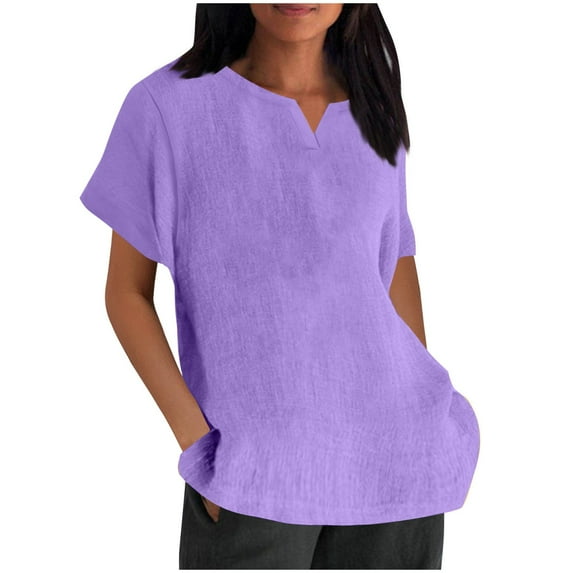 TAGOLD Womens Plus Size Tops,Summer Short Sleeve Blouse Tops for Womens,Women's Cotton And Linen Summer V-neck Short Sleeved Breathable Short Sleeved Shirt