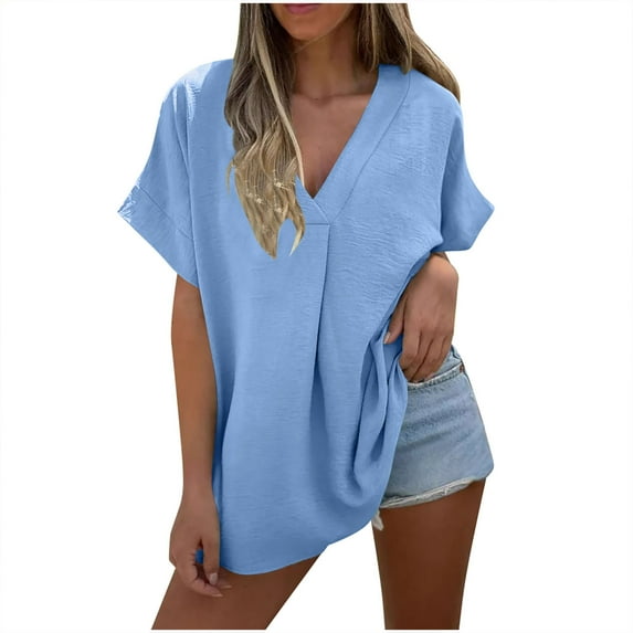 TAGOLD Womens Plus Size Tops,Summer Short Sleeve Blouse Tops for Womens,Women's Spring/Summer Round Neck Solid Color Light Sensing Face Short Sleeve Loose T-shirt