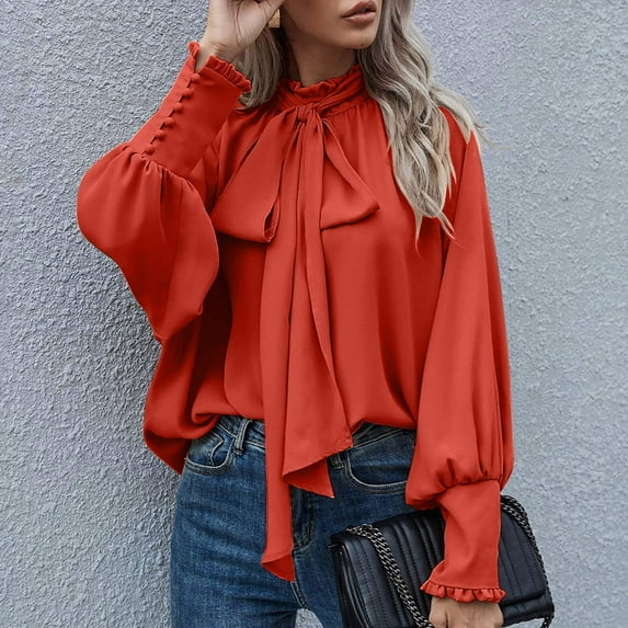 Women's Bow Tie Neck Shirts Casual Long Lantern Sleeve Tops Mock Neck Solid Color Blouses Dressy Elegant Work