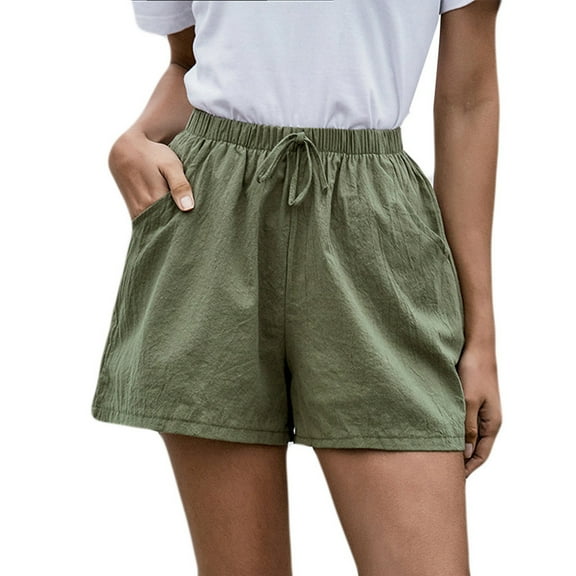 Womens Elastic Waist Shorts, Women's Loose Wide Leg Pants High Waist Straight Pants Casual Cotton Linen Shorts Plus Size Shorts Green S
