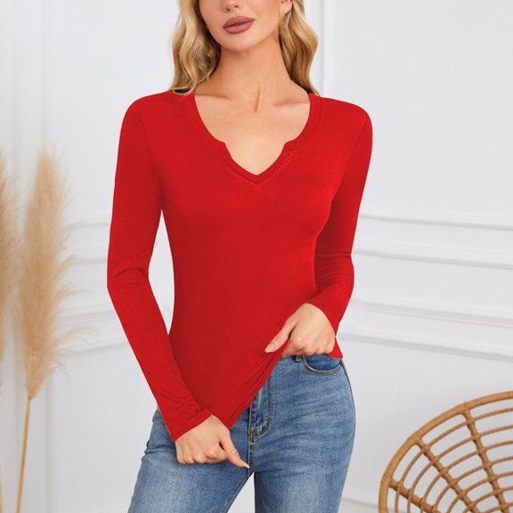 Womens Long Sleeve Shirts V Neck Ribbed Knit Y2k Going Out Tops Slim Fitted Basic T-Shirts Tees Fashion Clothes