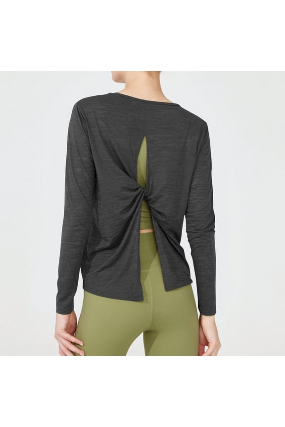 Womens Open Back Workout Tops Casual Long Sleeve Yoga Shirts Trendy Twist Back Athletic Gym Tshirt for Running Biker
