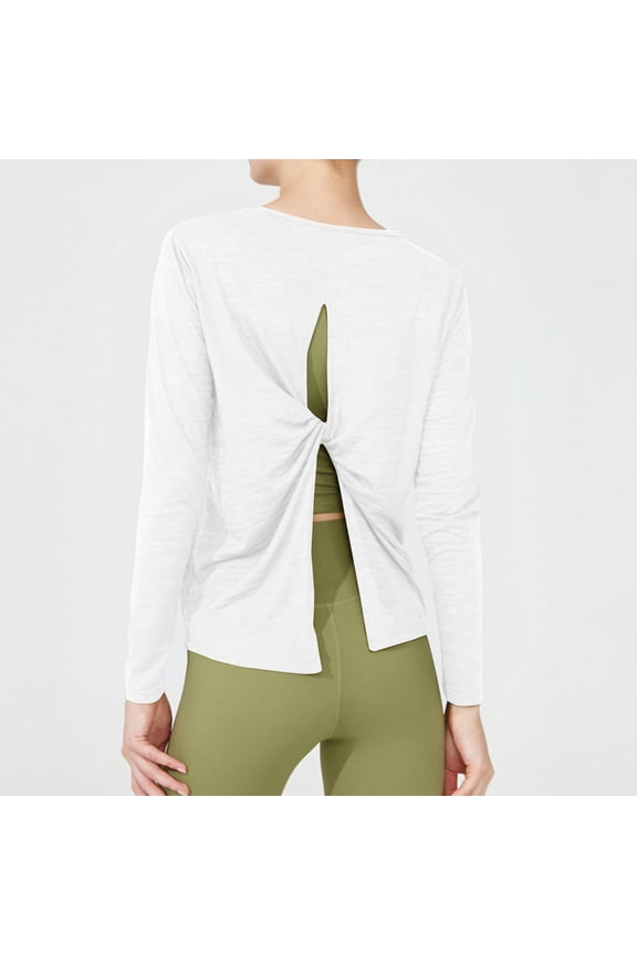 Womens Open Back Workout Tops Casual Long Sleeve Yoga Shirts Trendy Twist Back Athletic Gym Tshirt for Running Biker