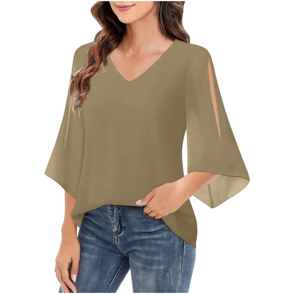 Womens Ruffle 3/4 Sleeve V Neck Double Layers Chiffon Blouses Dressy Tops