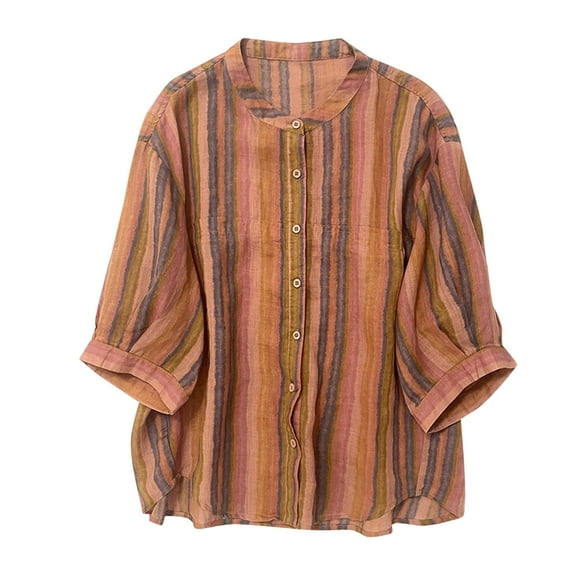 Womens Tie Dye Cotton Linen Tops 3/4 Length Sleeve Button Down Shirts Vintage Summer Casual Loose Fitting Gauze Shirt