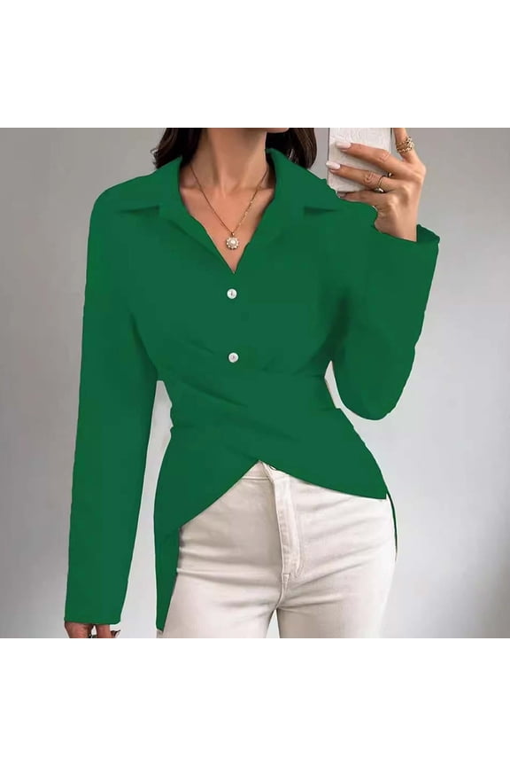 Wrap Tie Back Long Sleeve Shirts for Women Trendy Irregular High-Low Hem Button Blouse Casual Dressy Collared Tunic Top