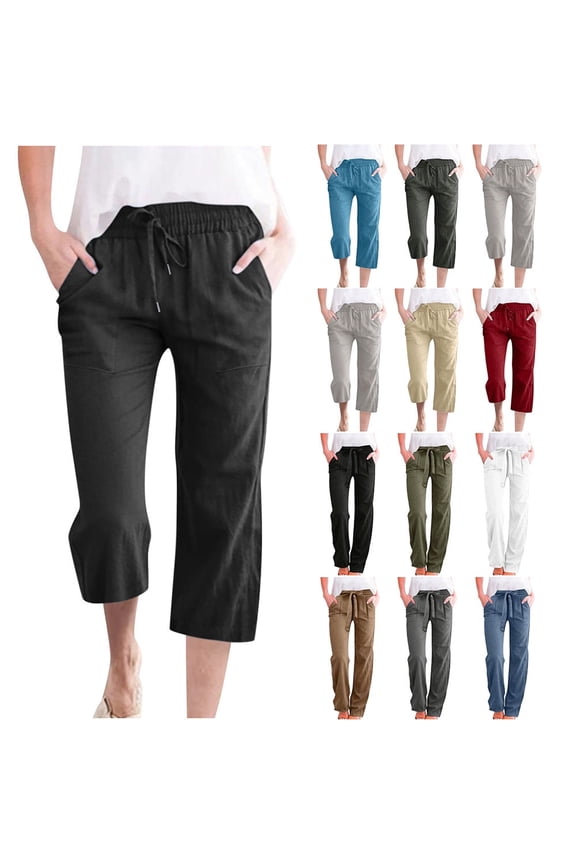 Womens Pants, Plus Size Cotton-Linen Capris for Women Summer Casual Wide-Leg Pants Lightweight Elastic-Waisted Drawstring Loose Pants with Pockets, Size S-XXXXXL