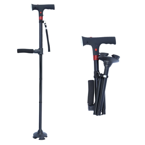 Zeceouar Aluminum Alloy Alarm With Handle Elderly Walking Aid Retractable and Foldable Rotating With LED Light Four Legged Cane