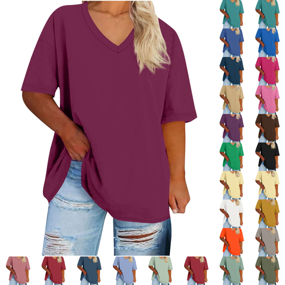 cocolona Womens Plus Size Summer Tops Oversized V-neck Short Sleeve T-shirts Casual Solid Color Blouses