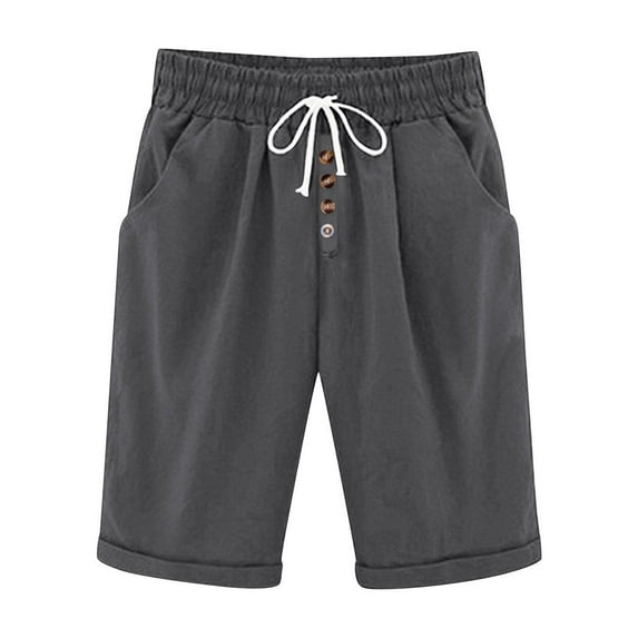 cocolona Womens Summer Casual Shorts Elastic Waist Button Knee Length Shorts Trendy Cute Beach Shorts with Pockets