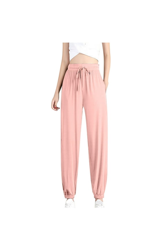 Womens Summer Ice Silk Joggers - Elastic High Waist Athletic Pants Casual Loose Sweatpants Lounge Trousers S-2XL