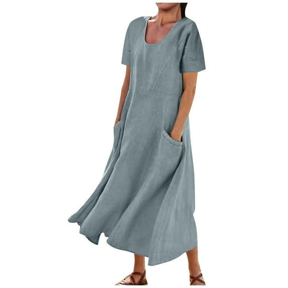 cocolona Womens Summer Linen Dress Fashion Casual Crew Neck Shorts Sleeve Loose Solid Long Maxi Dress Beach Dress with Pockets