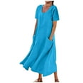 thumbnail image 1 of cocolona Womens Summer Linen Dress Fashion Casual Crew Neck Shorts Sleeve Loose Solid Long Maxi Dress Beach Dress with Pockets, 1 of 5